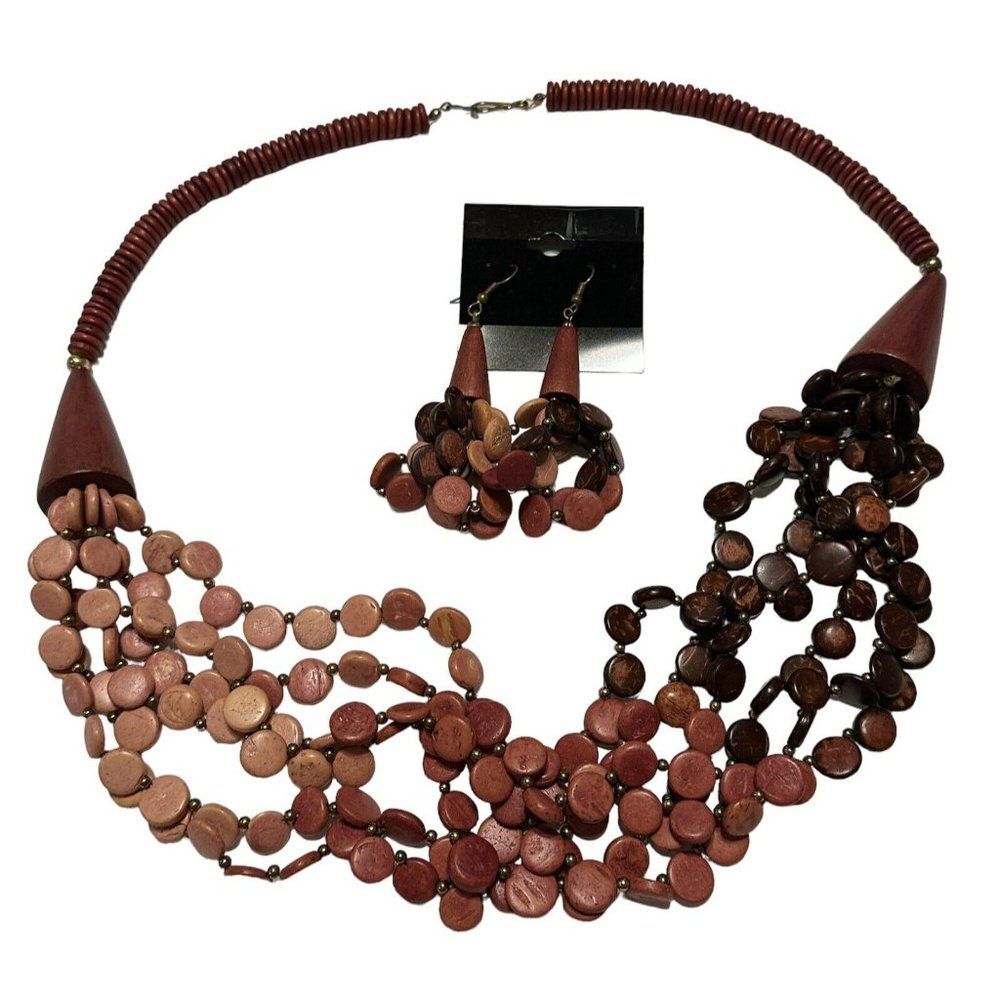 27” Ombré Brown Wood Boho Necklace Dangle Earrings Set Bohemian Statement